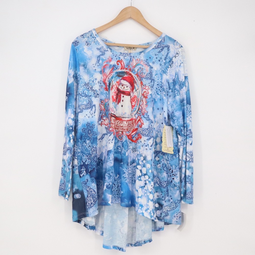 One World Tunic Top Womens 1X High-Low Blue Snowman Snowflake Christmas NEW